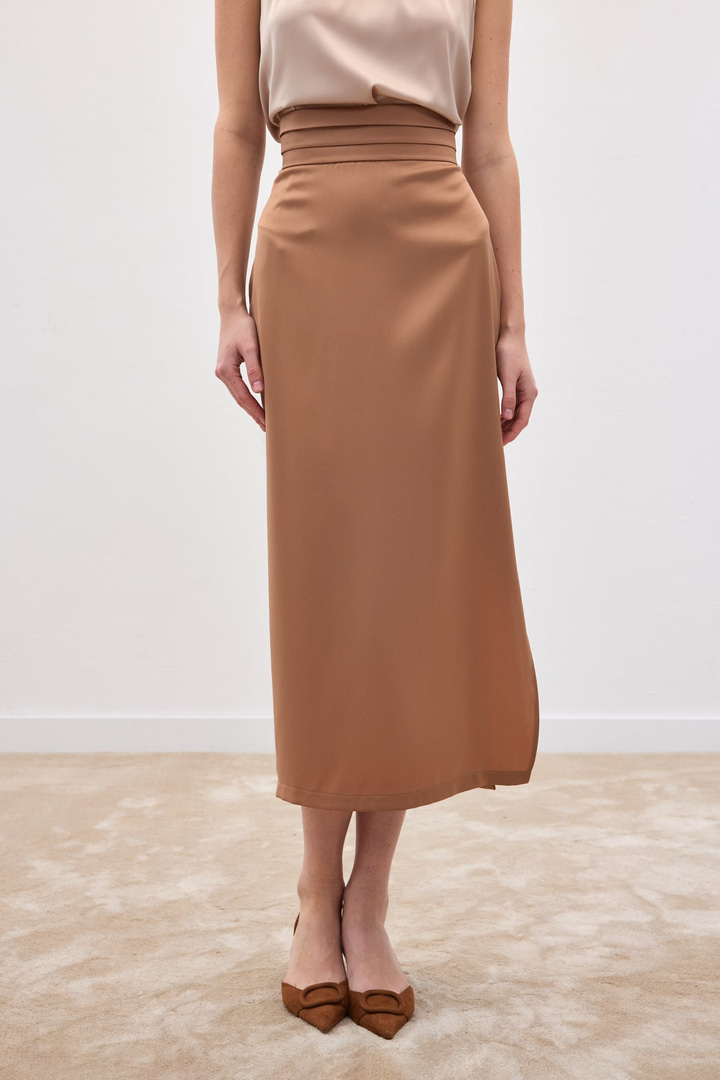 Bel Pile Detaylı Saten Etek - Camel