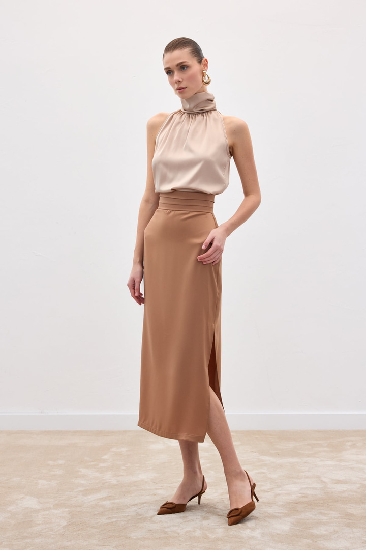 Bel Pile Detaylı Saten Etek - Camel
