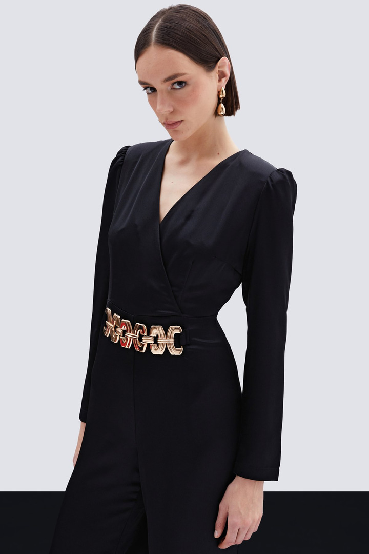 Birleşik Kemerli Saten Tulum - Siyah