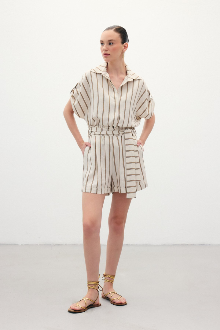 Çizgili Keten Şort - Camel