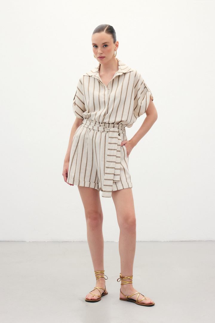 Çizgili Keten Şort - Camel