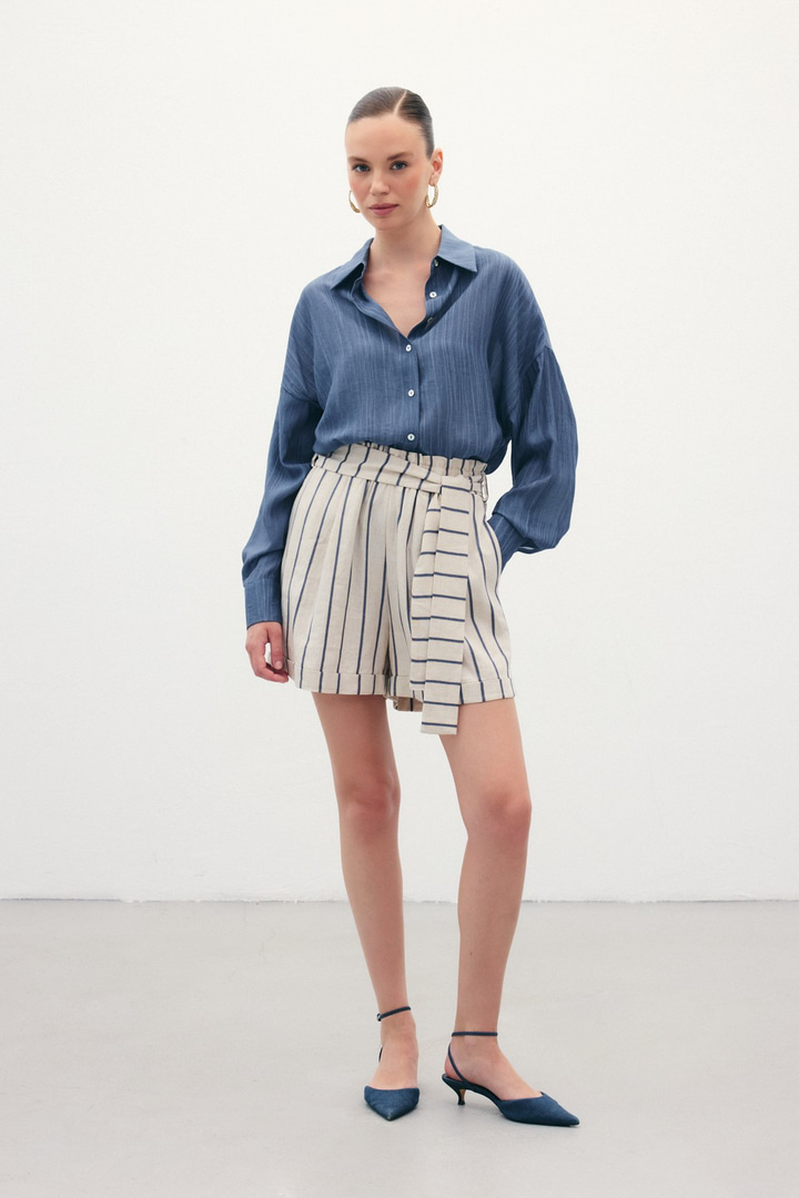 Çizgili Keten Şort - Lacivert