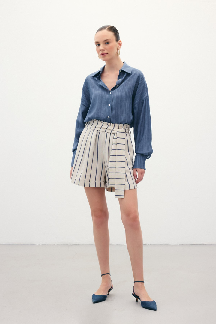 Çizgili Keten Şort - Lacivert