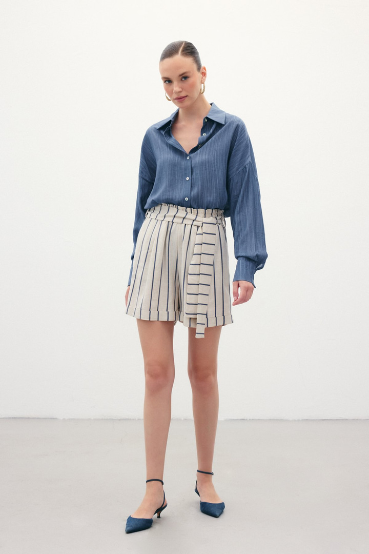 Çizgili Keten Şort - Lacivert