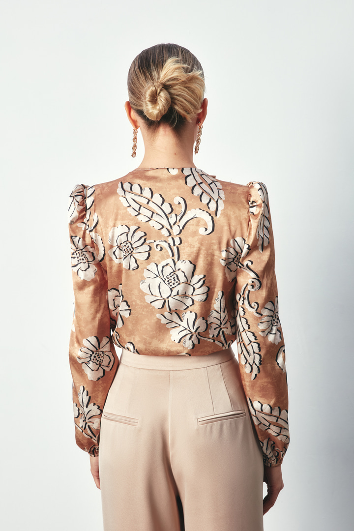 Desenli Bodysuit Bluz - Camel