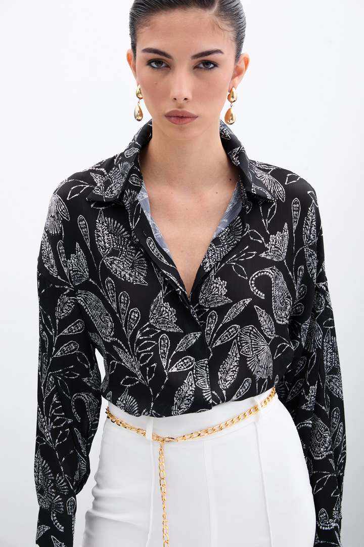 Desenli Saten Gömlek - Siyah