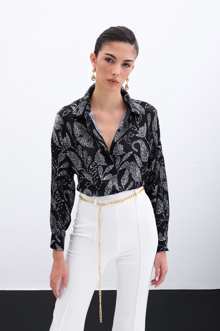 Desenli Saten Gömlek - Siyah