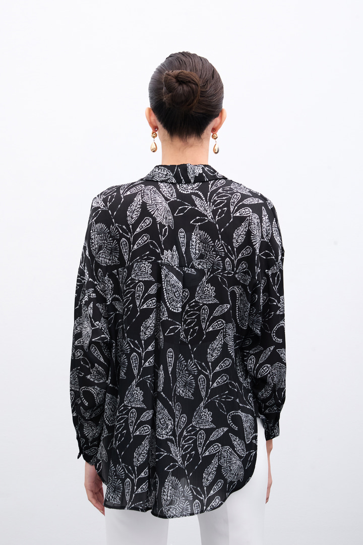 Desenli Saten Gömlek - Siyah
