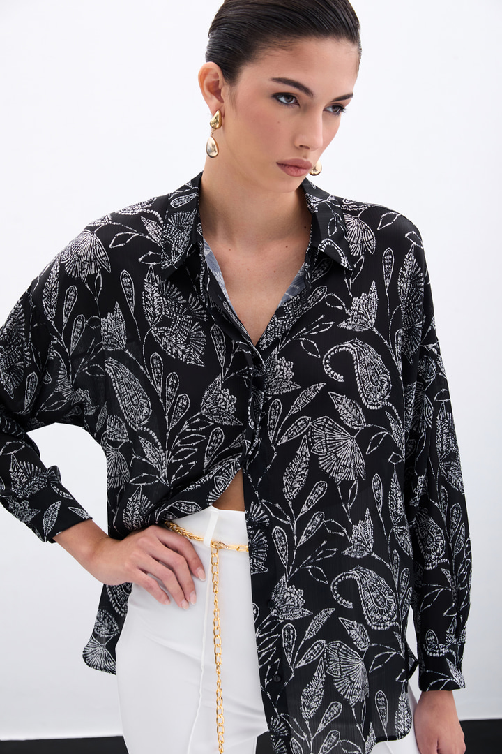 Desenli Saten Gömlek - Siyah