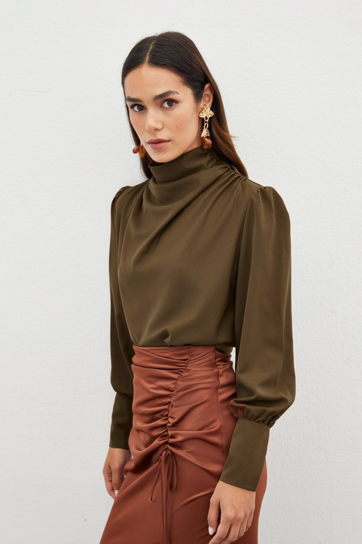Drape Detaylı  Bluz - Kahve
