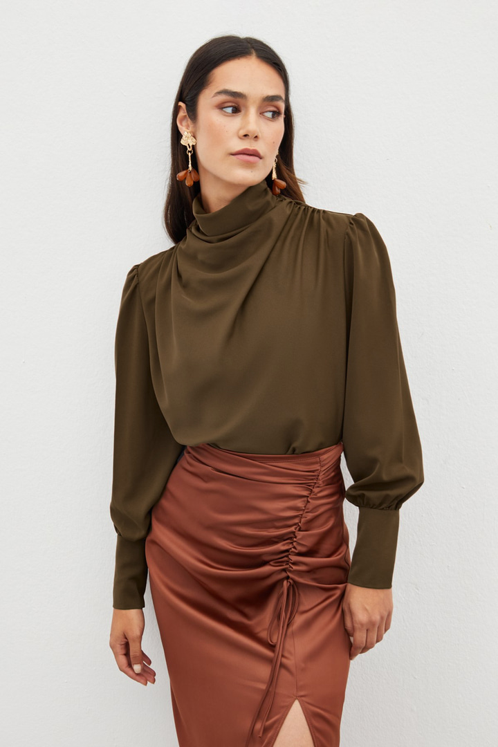 Drape Detaylı  Bluz - Kahve