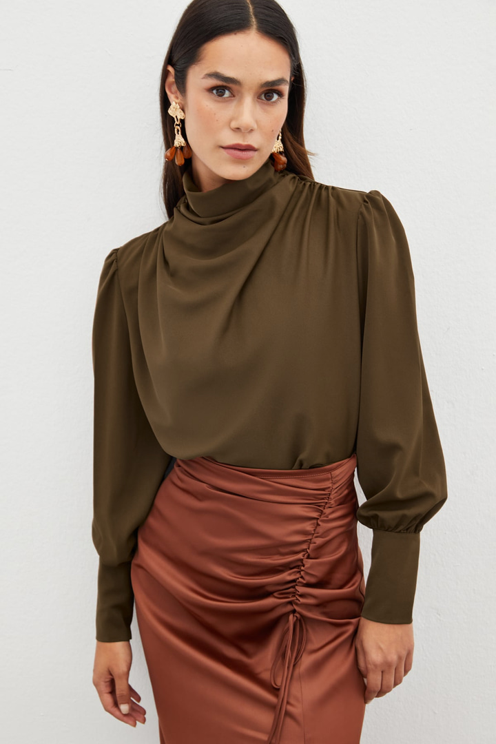 Drape Detaylı  Bluz - Kahve