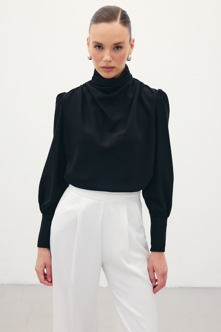 Drape Detaylı  Bluz - Siyah