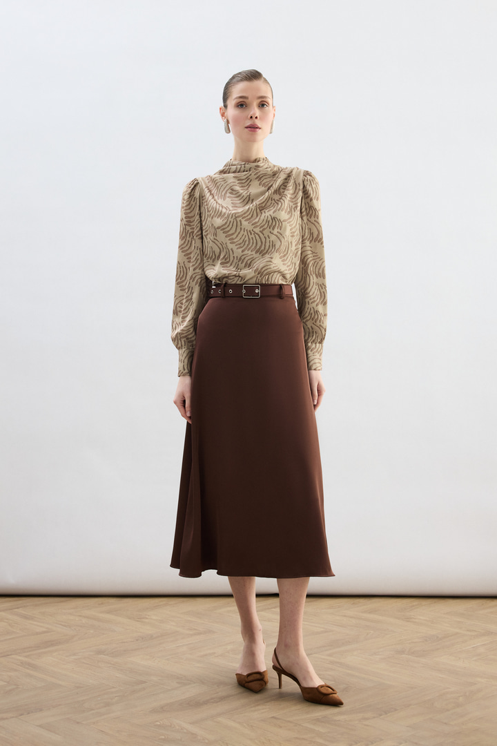 Drape Detaylı Desenli Bluz - Vizon