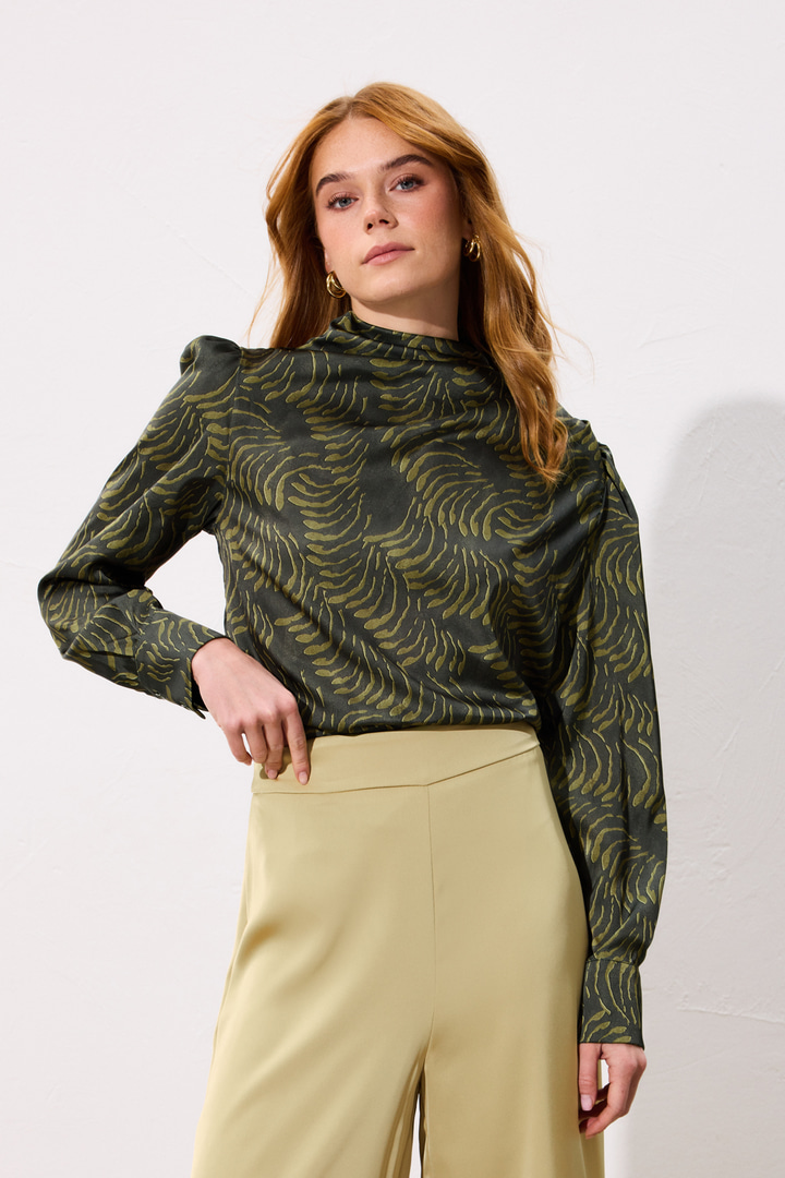 Drape Detaylı Desenli Bluz - Yeşil
