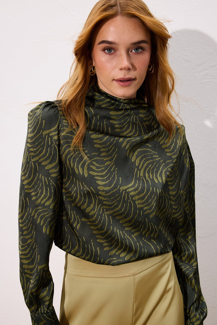 Drape Detaylı Desenli Bluz - Yeşil