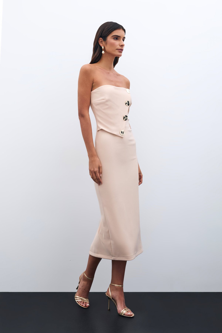 Düğme Aksesuarlı Straplez Elbise - Bej