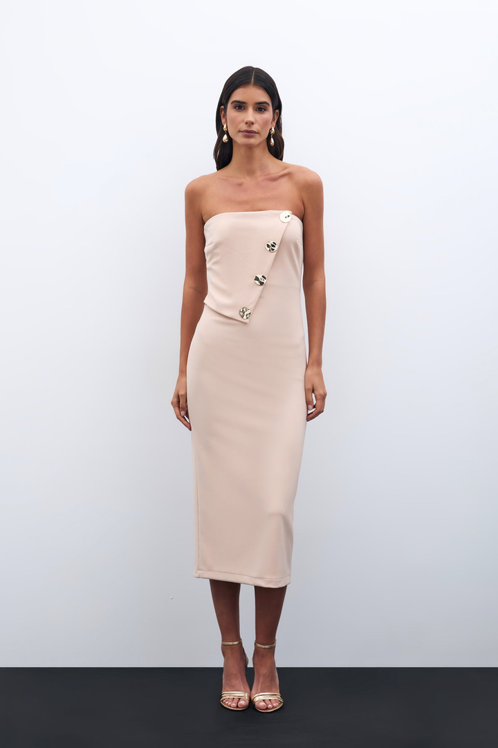 Düğme Aksesuarlı Straplez Elbise - Bej