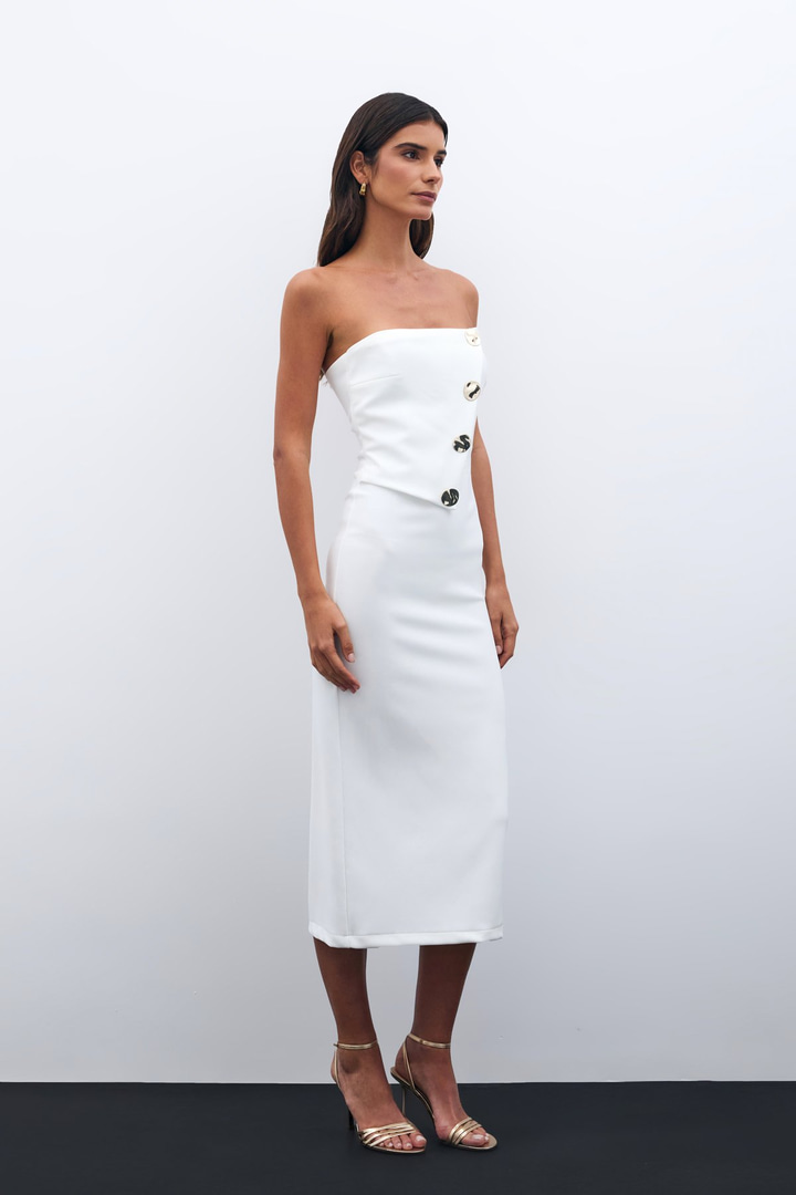 Düğme Aksesuarlı Straplez Elbise - Ekru