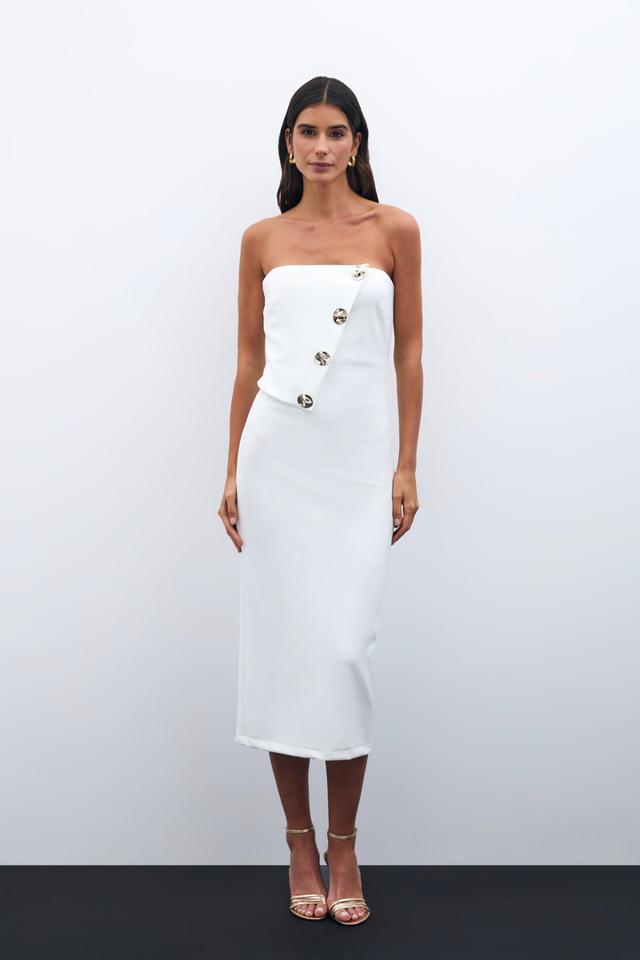 Düğme Aksesuarlı Straplez Elbise - Ekru
