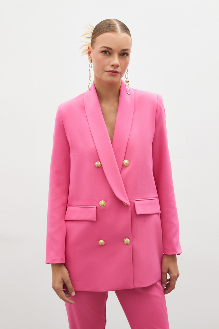 Düğme Detaylı Kruvaze Ceket - Pembe