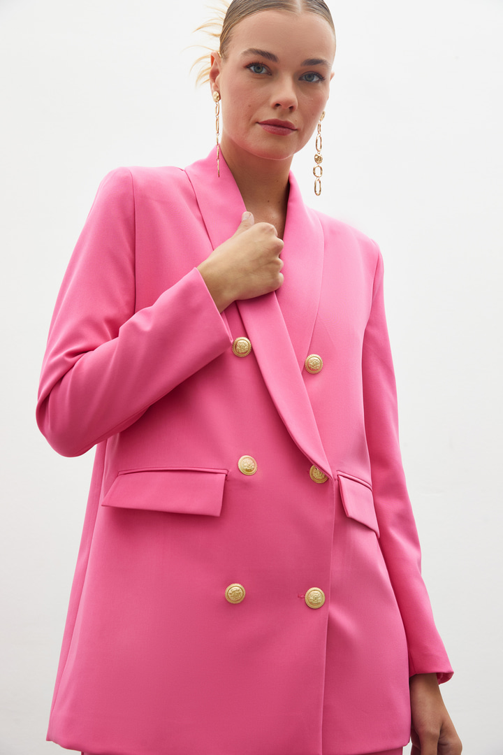 Düğme Detaylı Kruvaze Ceket - Pembe