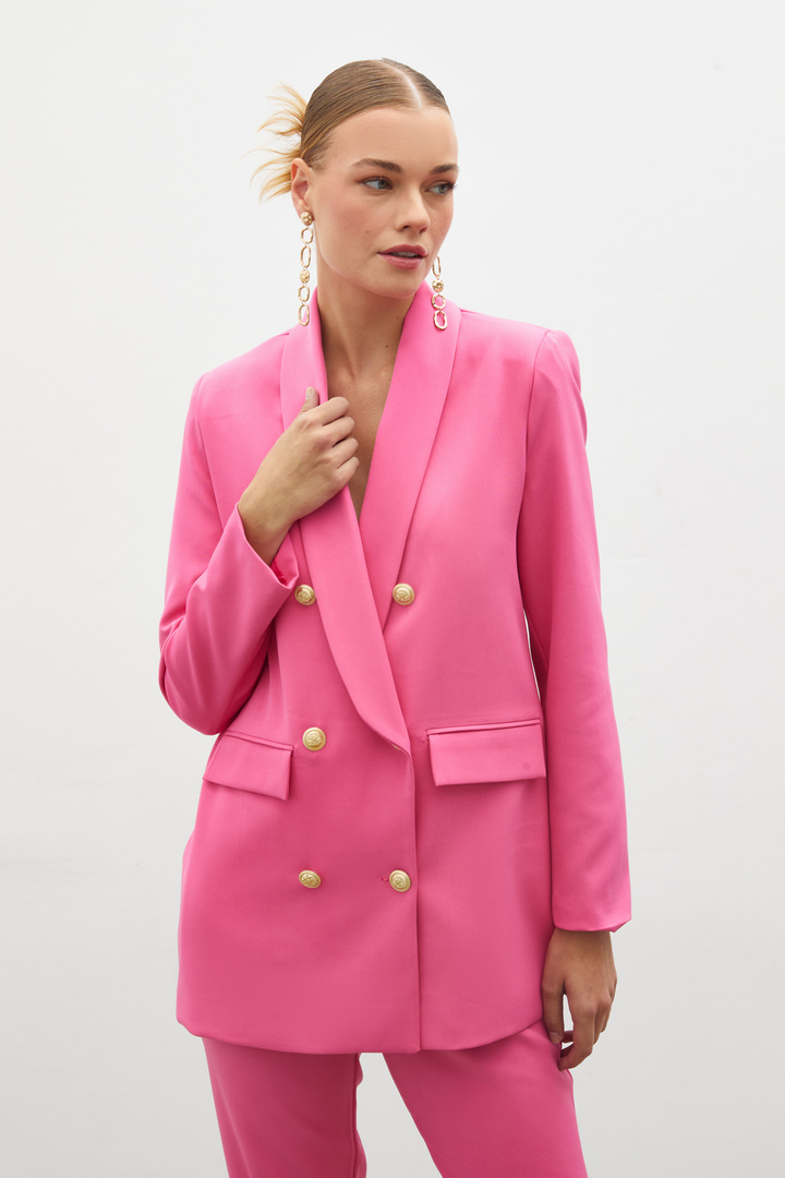 Düğme Detaylı Kruvaze Ceket - Pembe