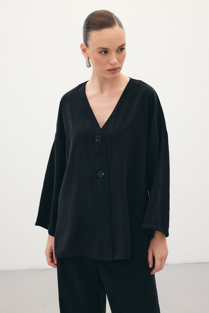 Düğmeli Kimono - Siyah
