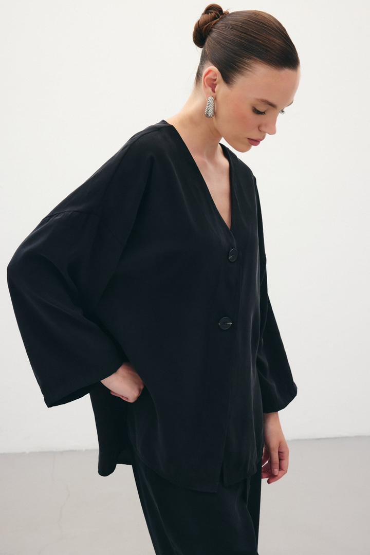 Düğmeli Kimono - Siyah