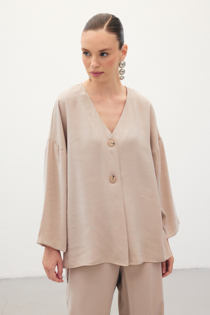 Düğmeli Kimono - Taş