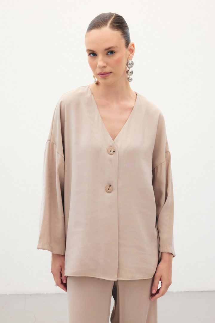 Düğmeli Kimono - Taş