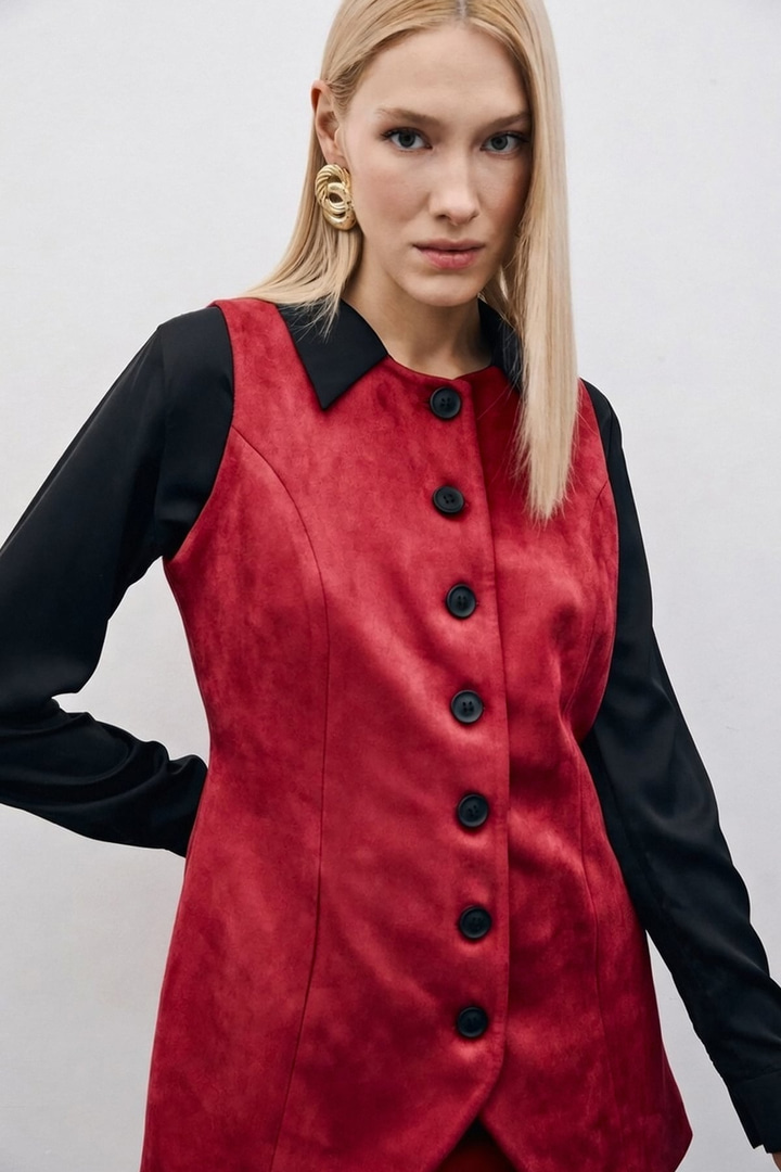 Düğmeli Uzun Süet Yelek - Bordo