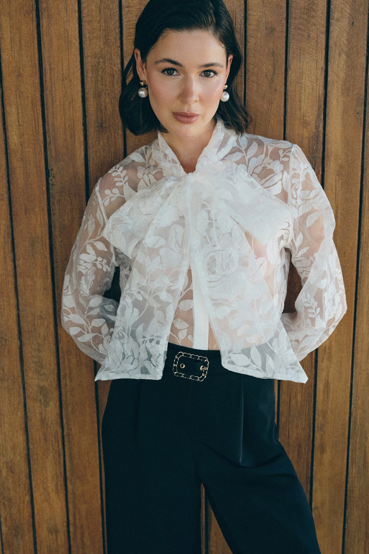 Fularlı Çiçek Desenli Gömlek - Ekru