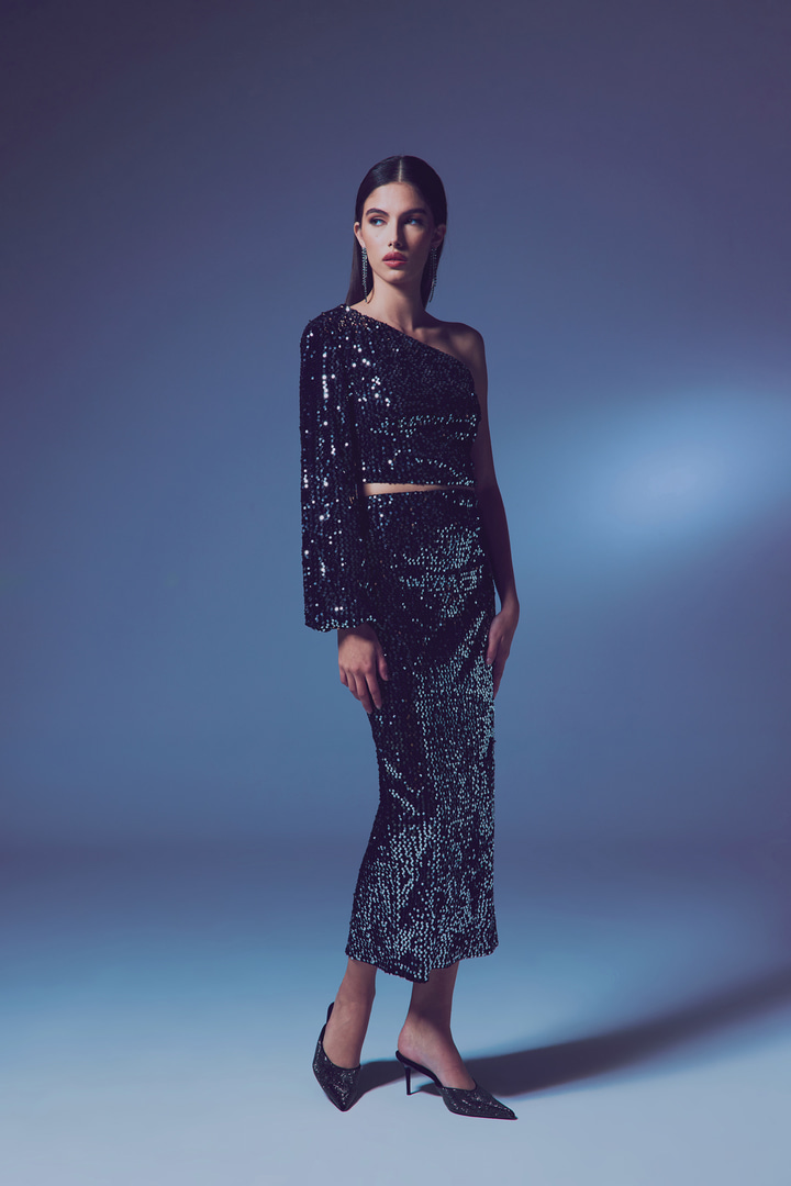 Kadife Payetli Midi Etek - Gümüş