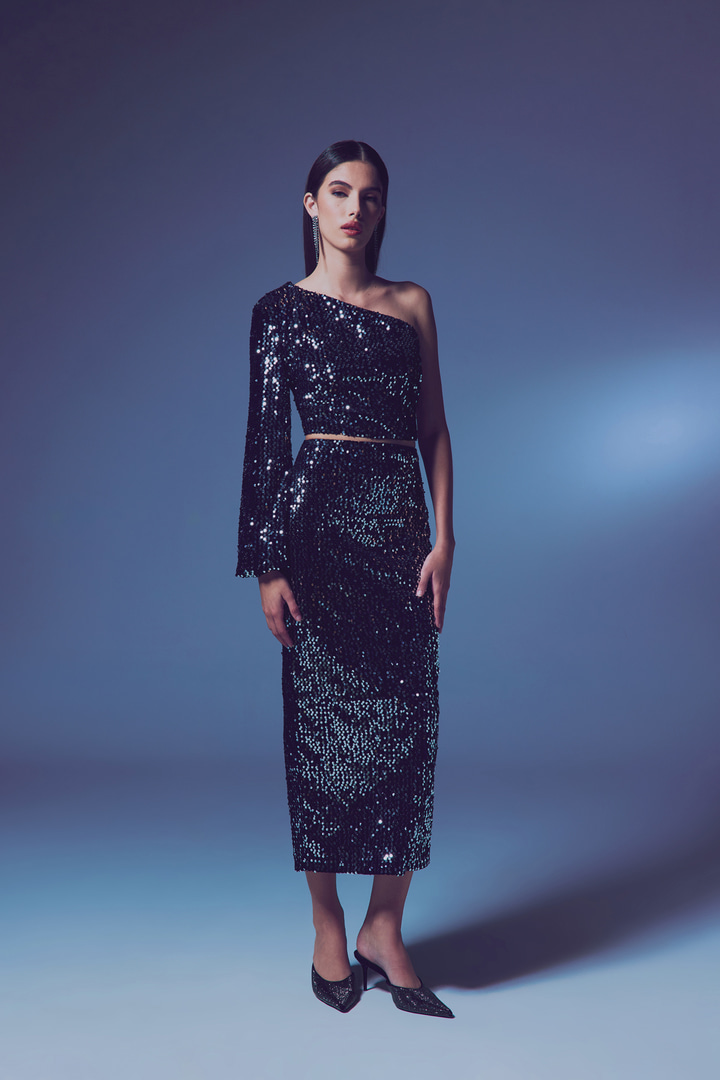 Kadife Payetli Midi Etek - Gümüş