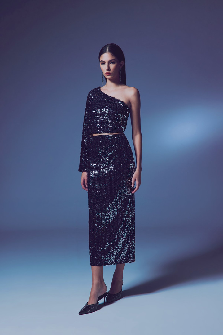 Kadife Payetli Midi Etek - Gümüş