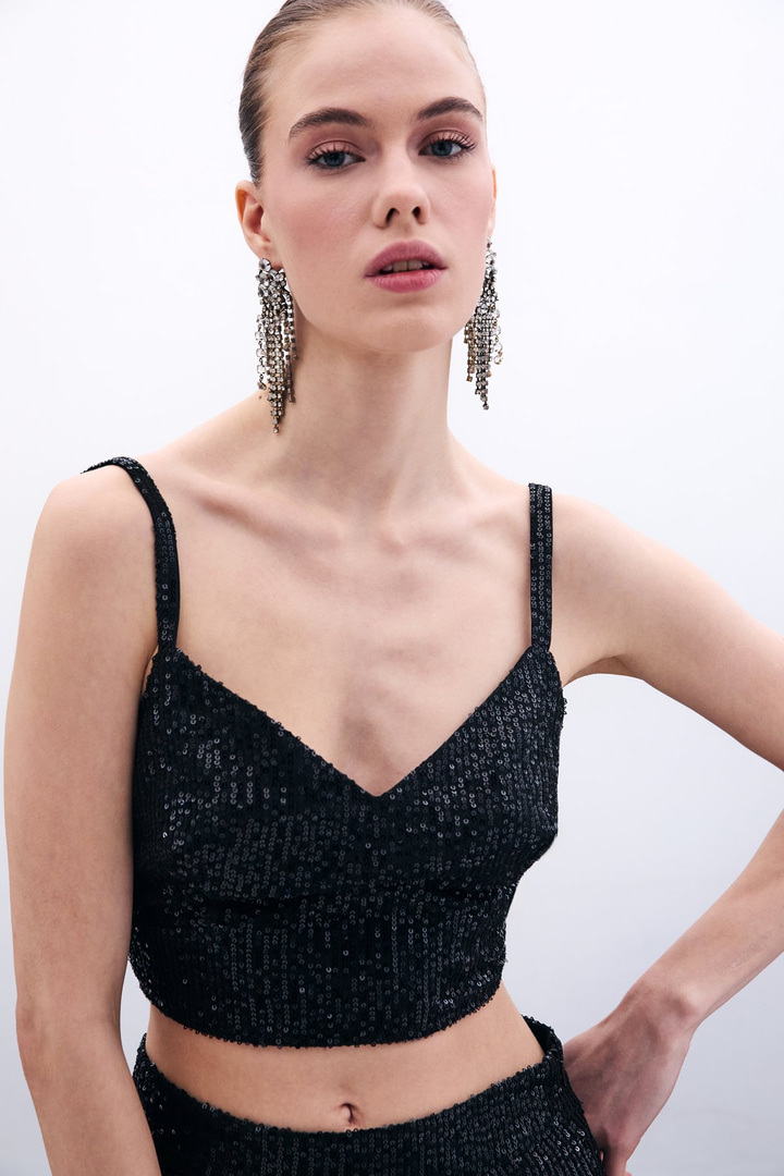 Kalın Askılı Payet Crop - Siyah