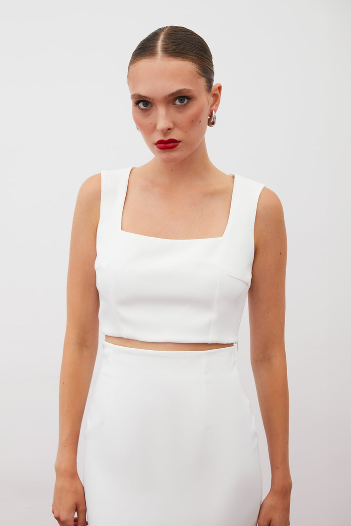 Kare Yaka Crop Bluz - Ekru