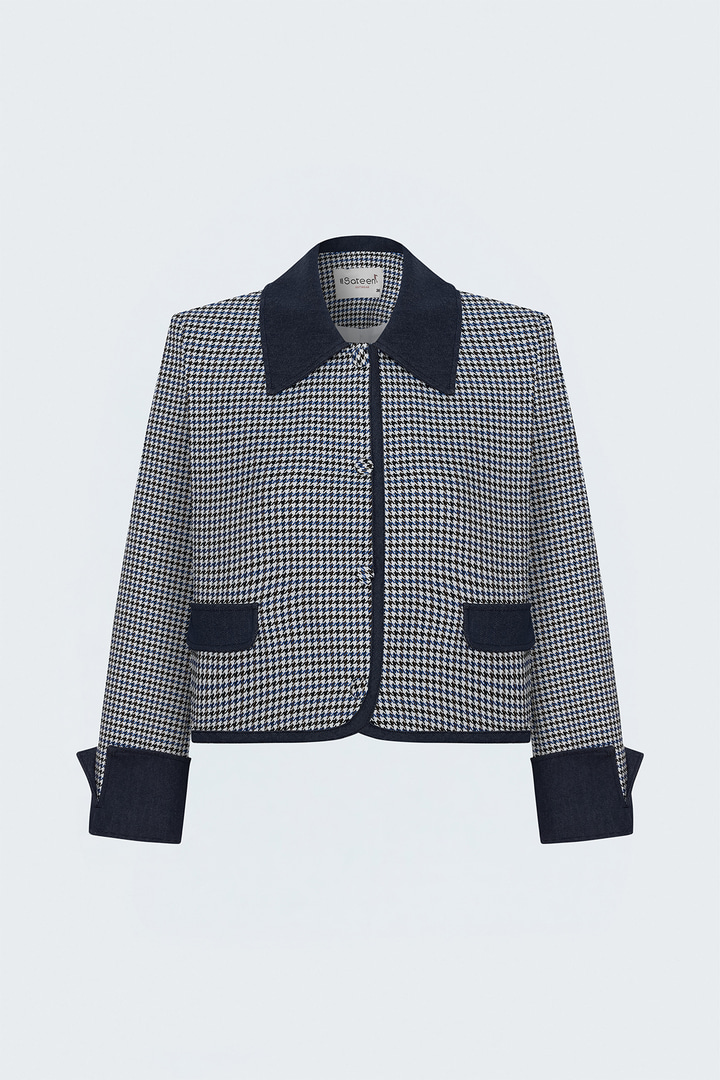 Kazayağı Desenli Denim Detaylı Ceket - Mavi