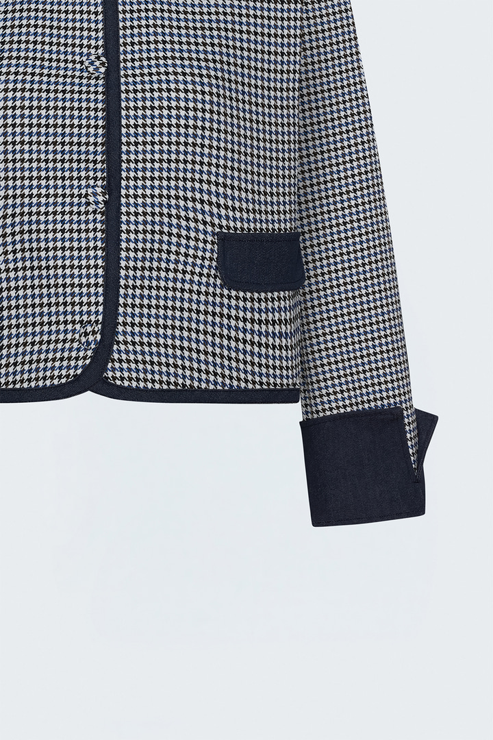 Kazayağı Desenli Denim Detaylı Ceket - Mavi