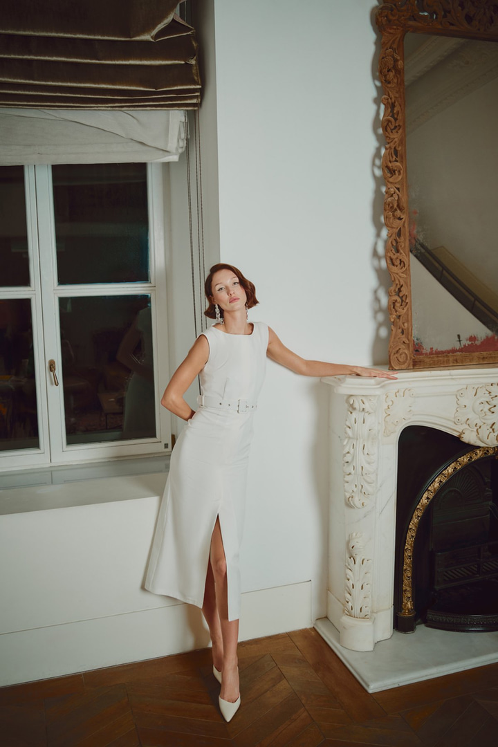 Kemerli Kalem Elbise - Ekru