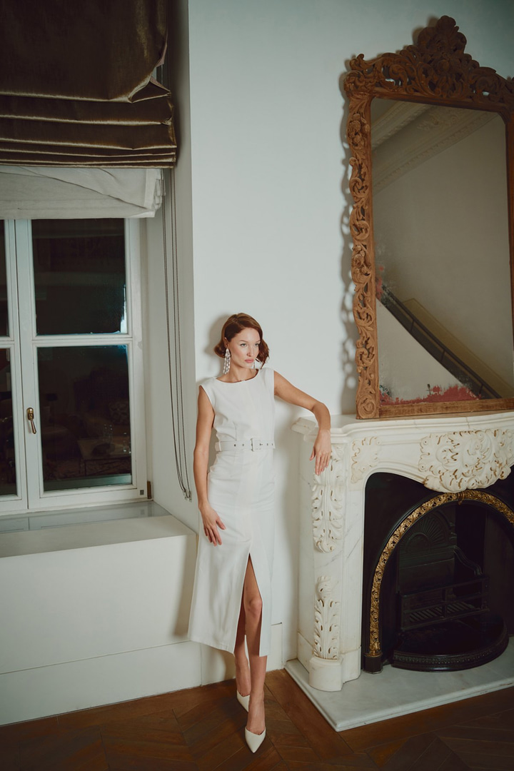 Kemerli Kalem Elbise - Ekru