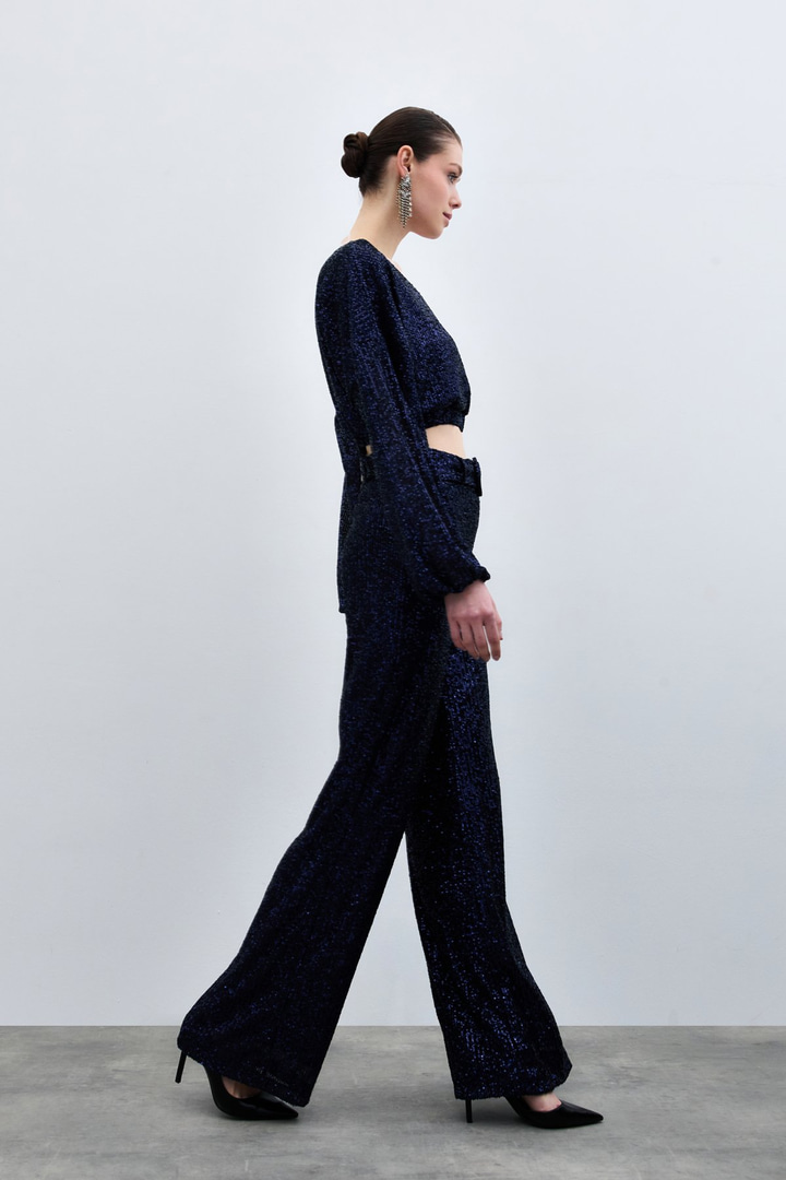 Kemerli Payet Pantolon - Lacivert
