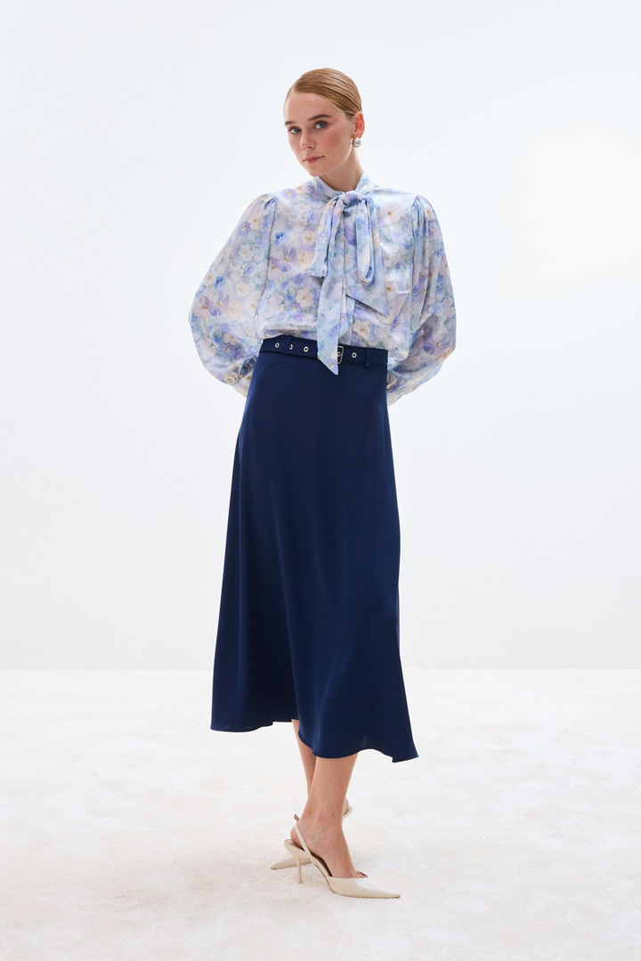 Kemerli Saten Etek - Lacivert