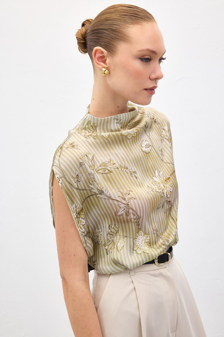 Kısa Kollu Desenli Bluz - Haki