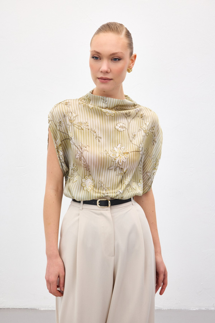 Kısa Kollu Desenli Bluz - Haki