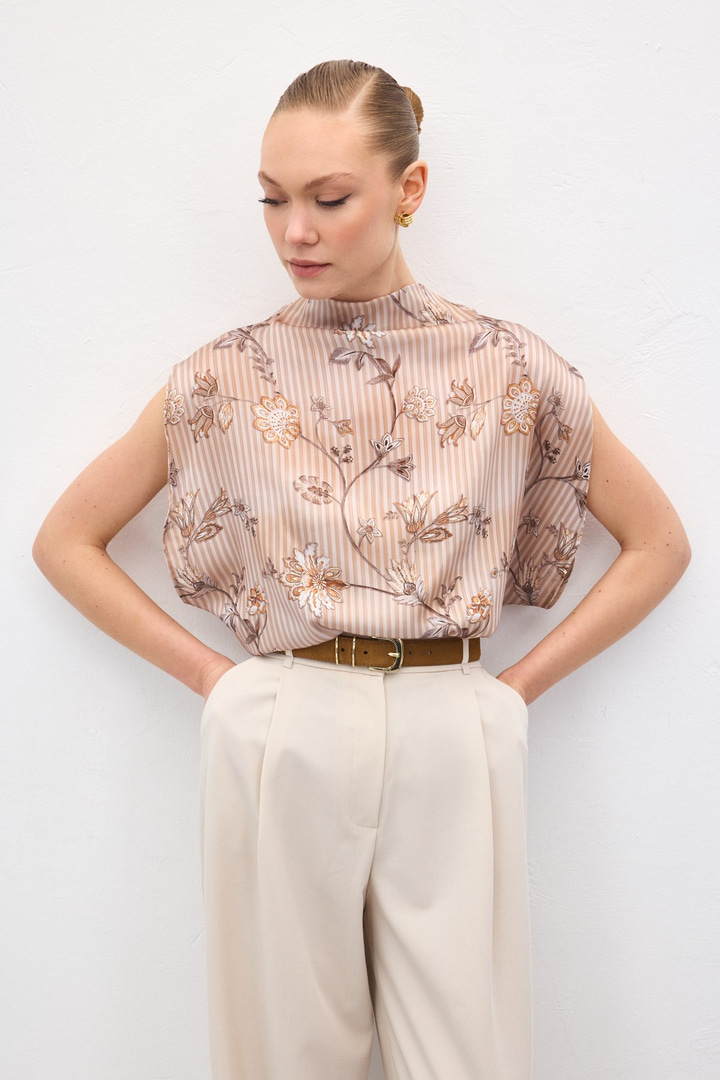 Kısa Kollu Desenli Bluz - Kahve