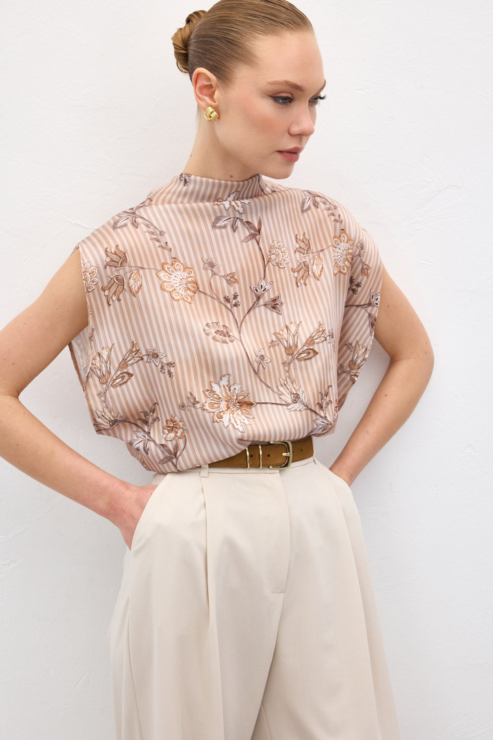 Kısa Kollu Desenli Bluz - Kahve