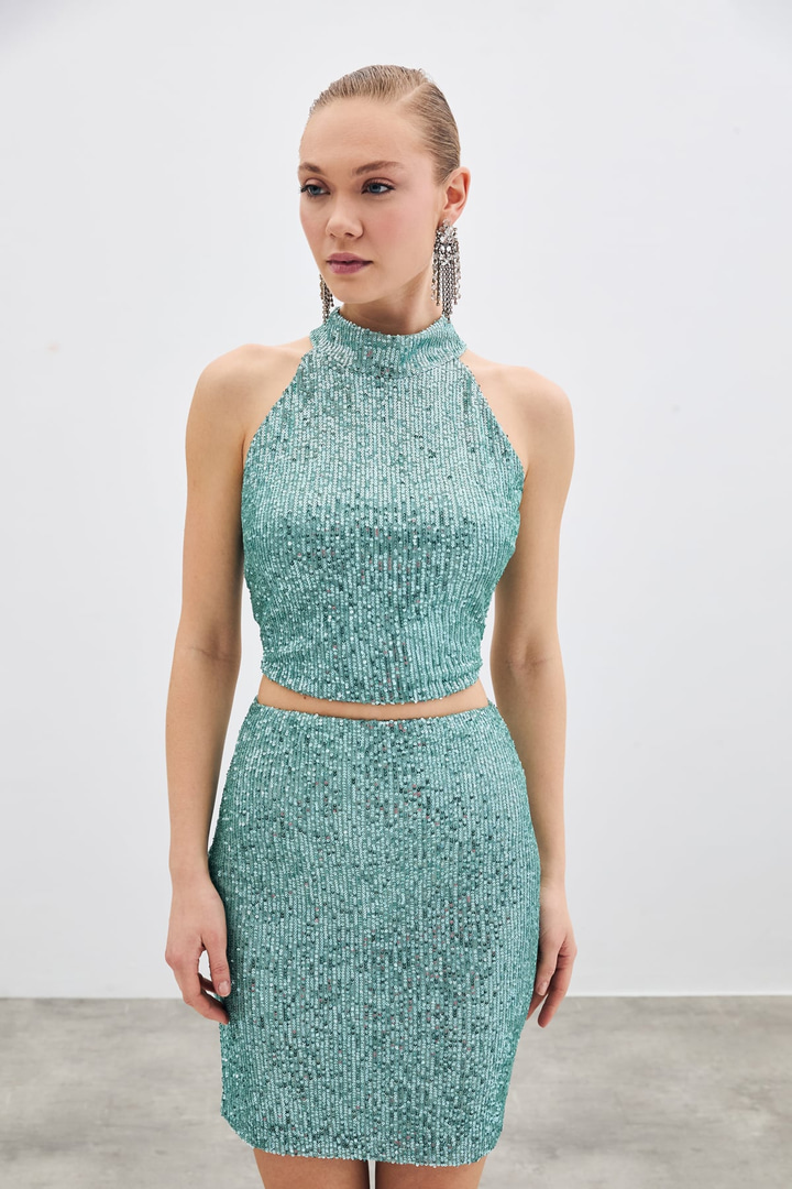 Kolsuz Payetli Bluz - Mint