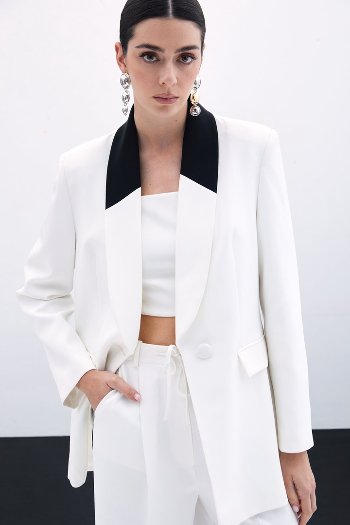 Kontrast Uzun Ceket - Ekru